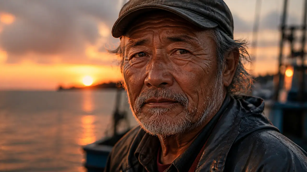 Cinematic hyper-real close-up portrait of an elderly fisherman at sunset, weathered face with warm rim light and shallow depth of field. AI image generated with GPT Image 2 on RenderKind.