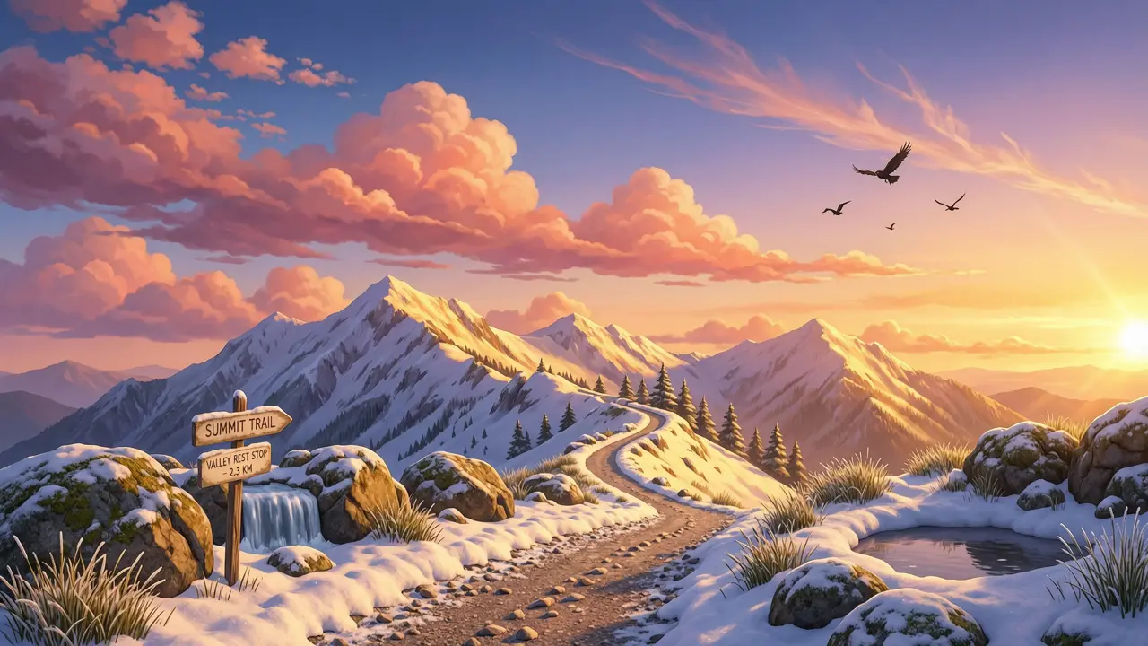 Cinematic 4K landscape of a snow-covered mountain range at golden hour. AI image generated with Wan 2.7 Image Pro on RenderKind.