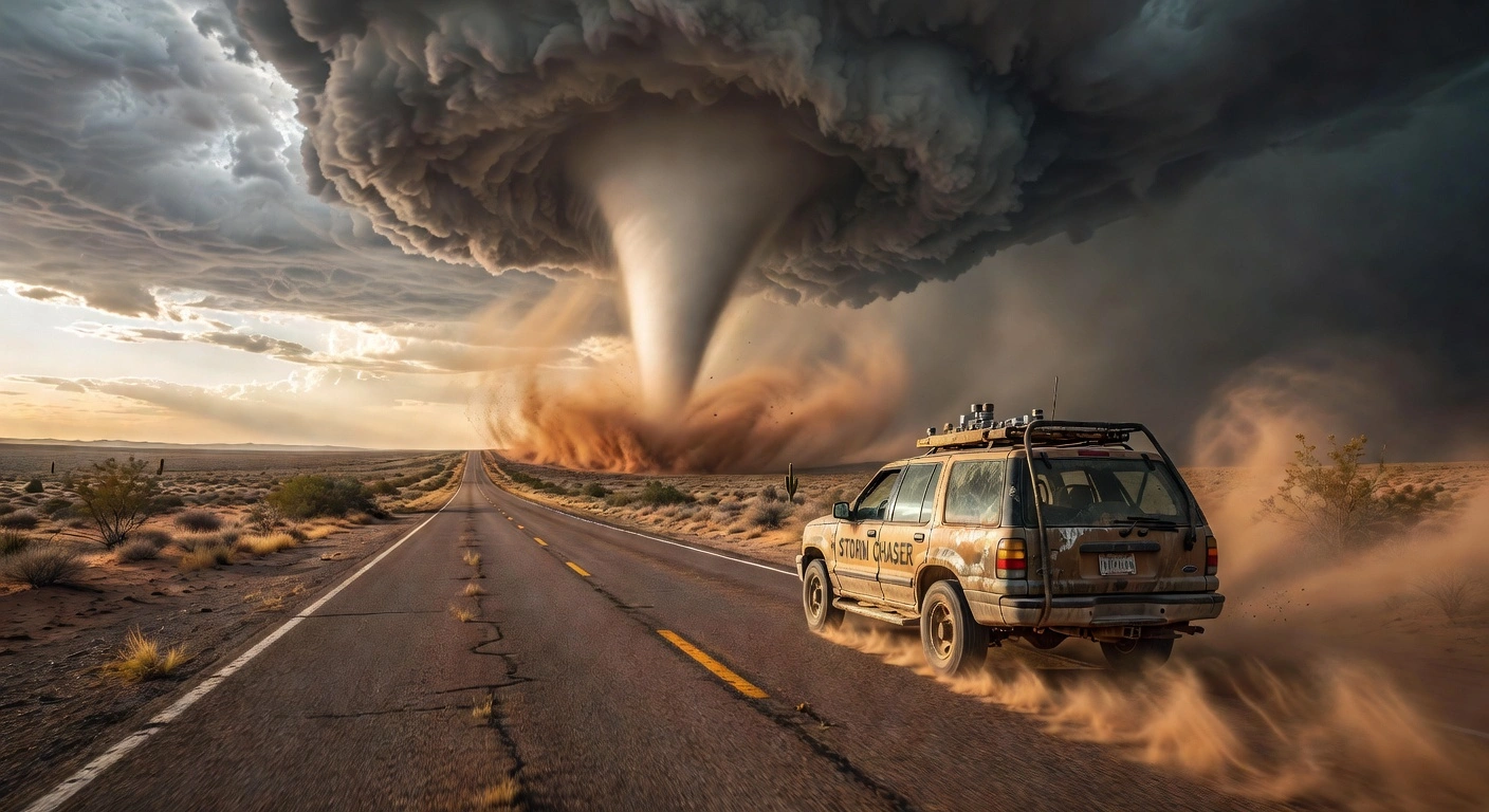 Hyper-real cinematic scene of a storm-chasing car on an empty desert highway at golden hour, tornado in the distance and a trailing dust plume. AI image generated with Grok Imagine on RenderKind.