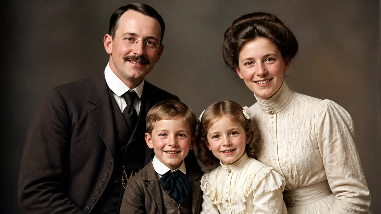 Restored vintage portrait, faded colour photo brought back to sharp detail. AI image generated with GPT Image 2 on RenderKind.