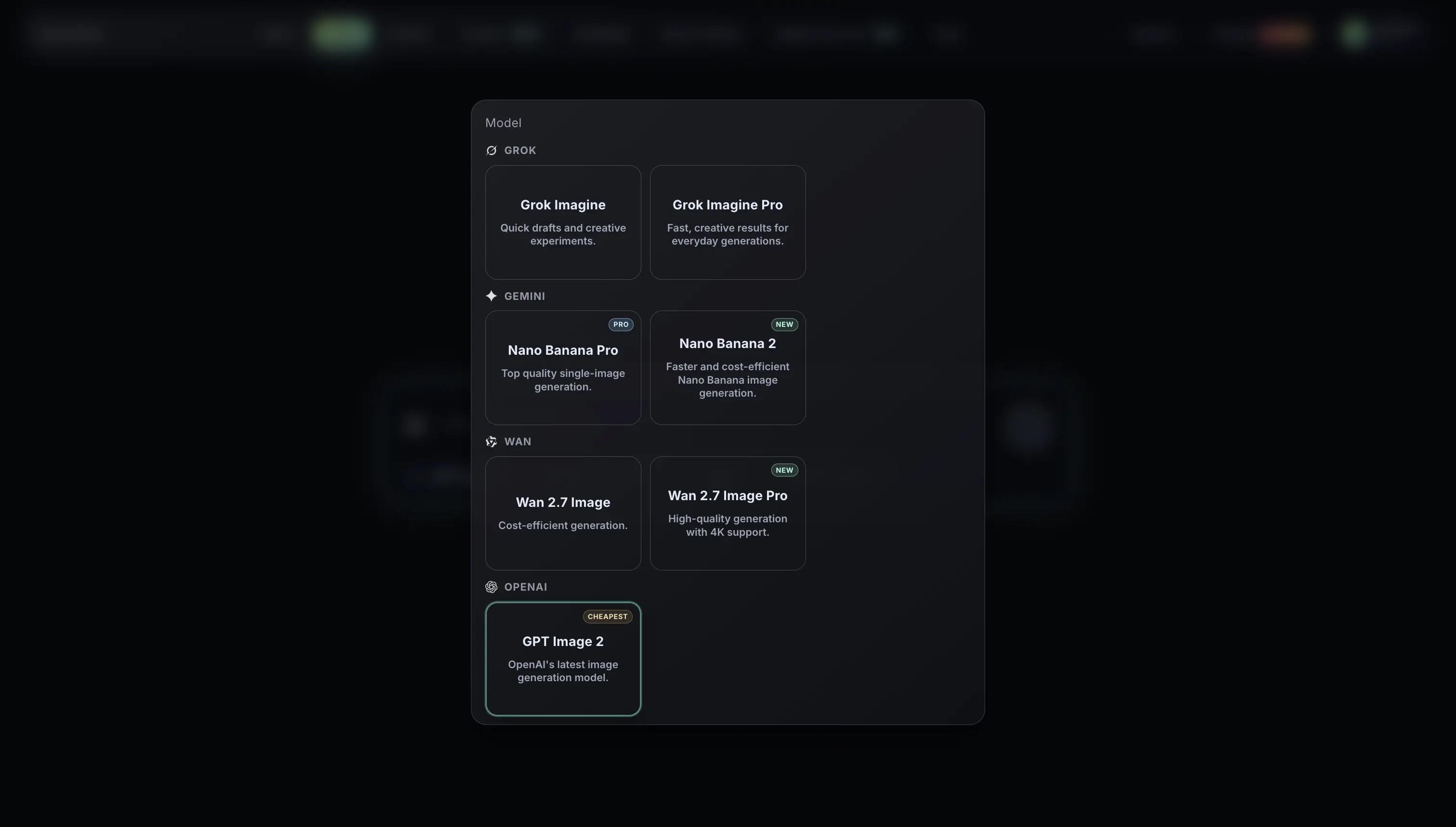Image tool model picker showing GPT Image 2, Nano Banana 2, Grok Imagine and Wan 2.7 cards with credit costs.