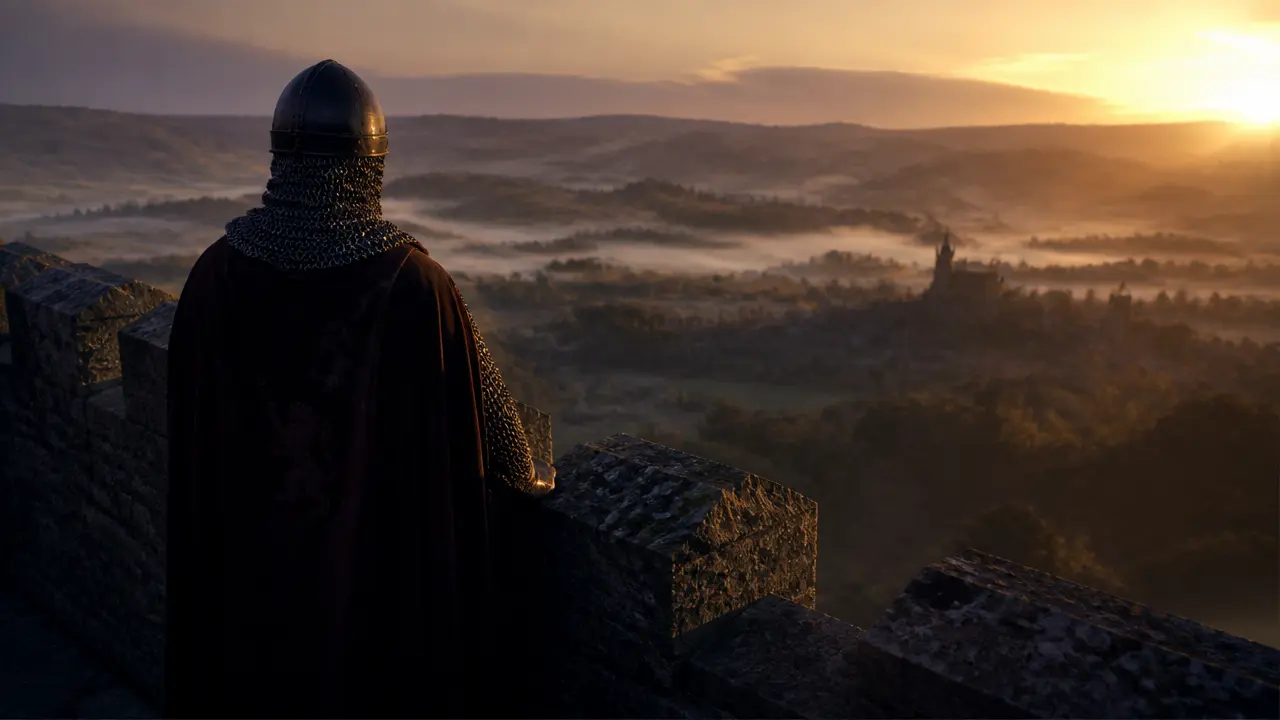 Medieval guard on a stone castle wall at dawn, overlooking a misty valley. Storyboard shot generated with RenderKind.