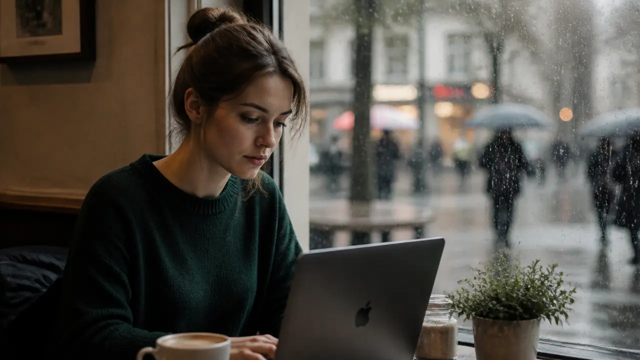 Young woman working at a rainy cafe window. Modern contemporary storyboard shot generated with RenderKind.
