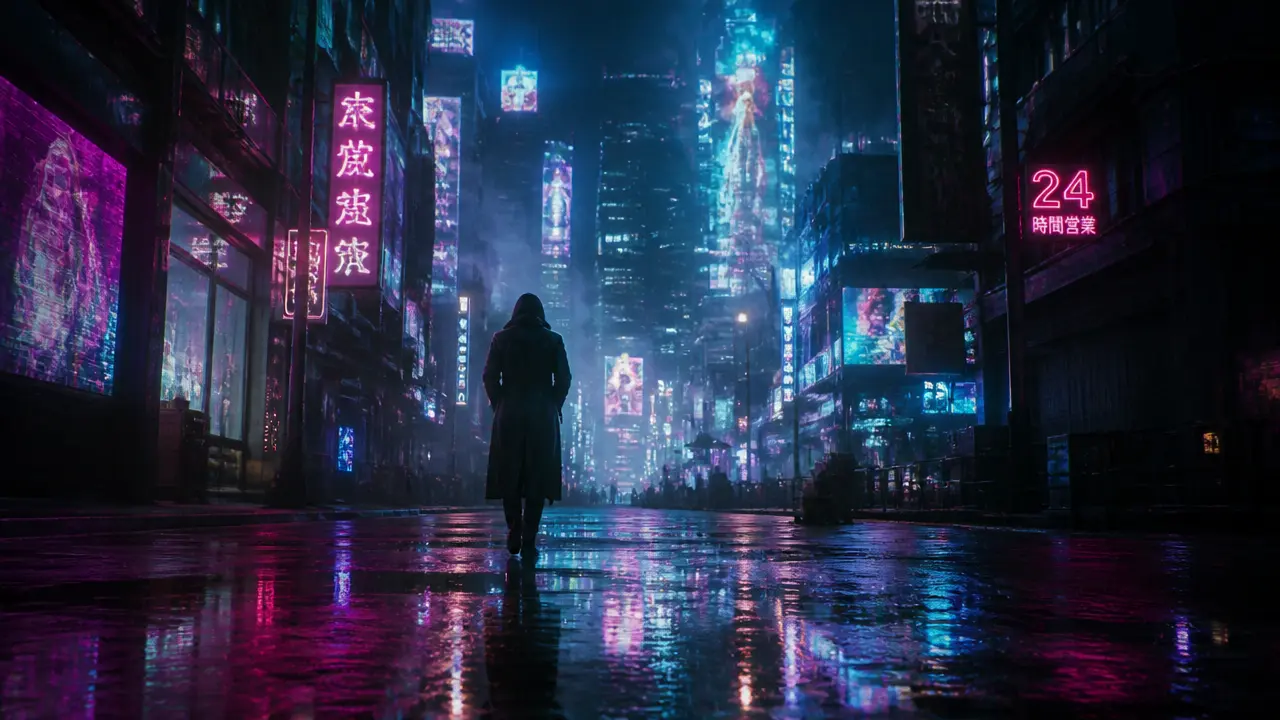 Lone figure walking through a neon-lit cyberpunk street at night. Sci-fi storyboard shot generated with RenderKind.