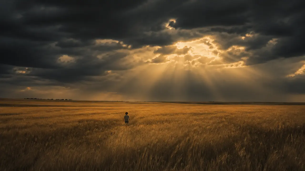 Child silhouette in a vast wheat field under a stormy sky. Short film opening storyboard shot generated with RenderKind.