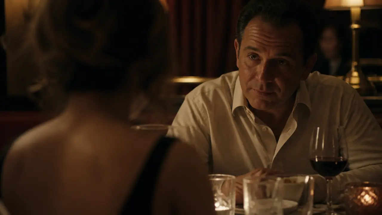 Over-the-shoulder restaurant dialog scene between two characters. Character-focused storyboard shot generated with RenderKind.