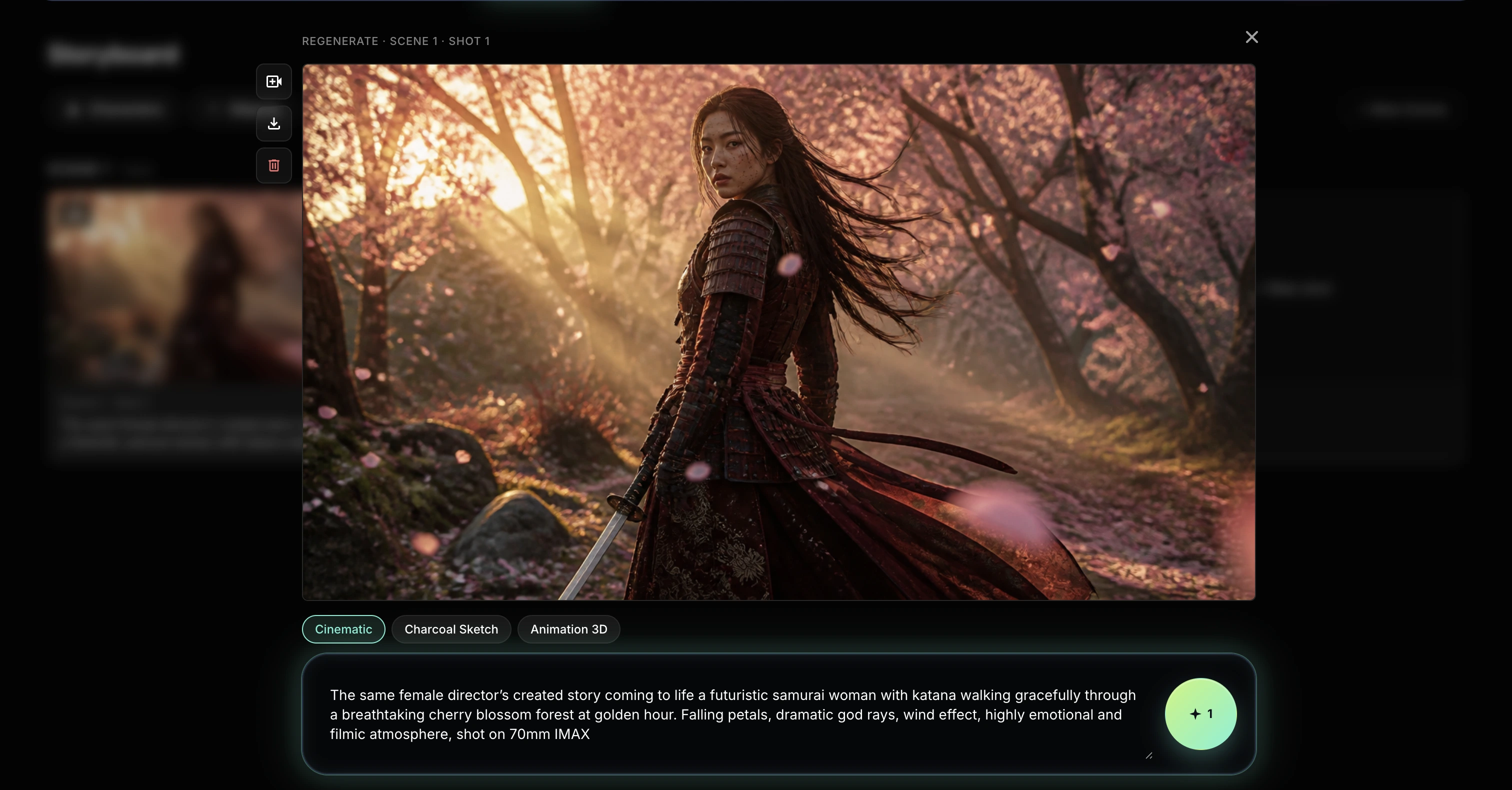 Storyboard interface showing a new scene being created with title and description.