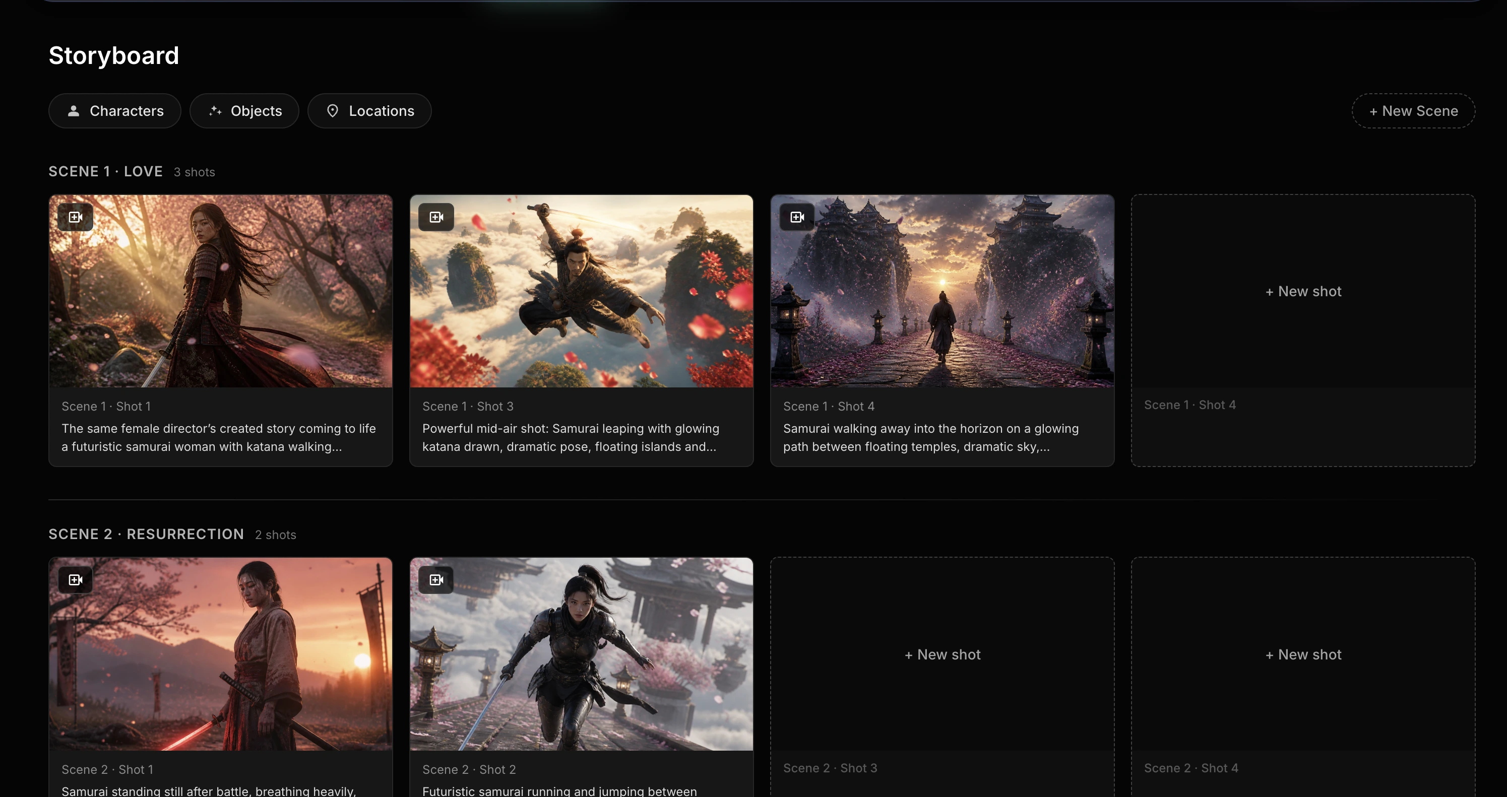 Multiple shots displayed in a row under one scene, each with AI-generated imagery.